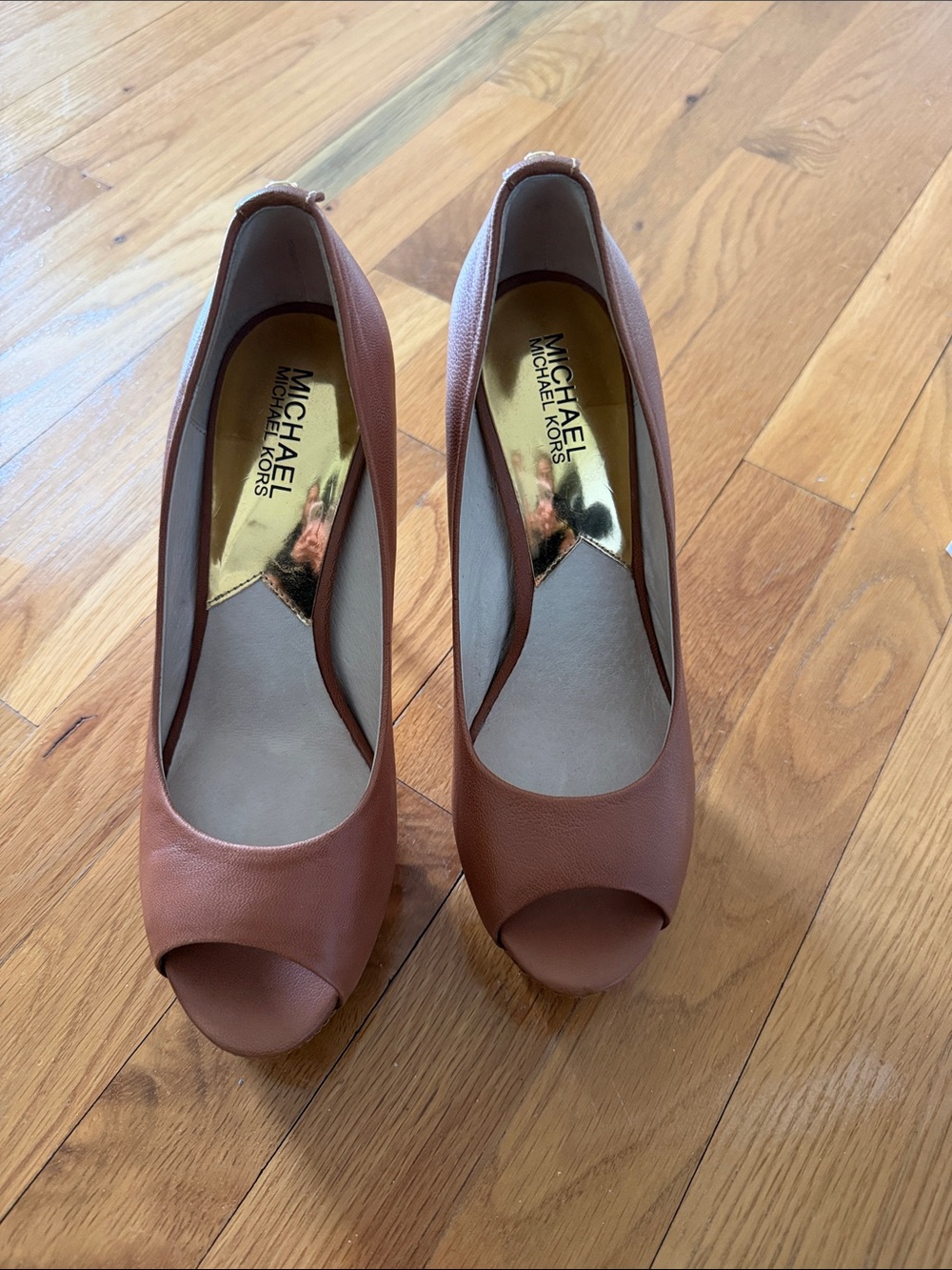 MICHAEL Michael Kors Brown Peep-Toe Leather Pumps